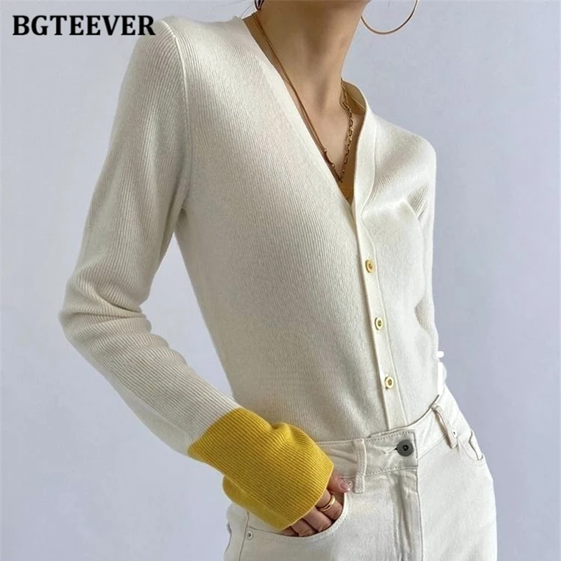 BGTEEVER Autumn Slim V-neck Ladies Knitted Cardigans Stylish Patchwork Long Sleeve Single-breasted Sweaters for Women