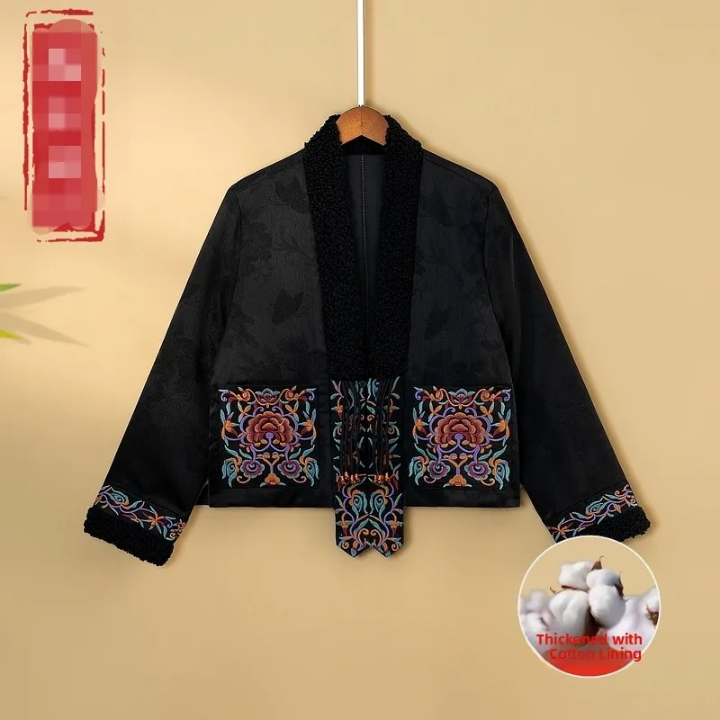 

Утепленная хлопковая женская куртка с V-образным вырезом и вышивкой, свободная верхняя одежда, новая зимняя модель в китайском стиле, короткое хлопковое пальто