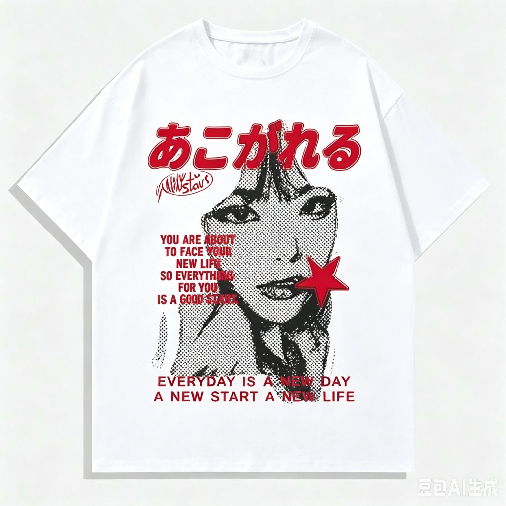 Halftone Girl Portrait Red Star Japanese Text Print T Shirt Y2K Punk Harajuku Unisex Oversized Graphic Short Sleeve Tee