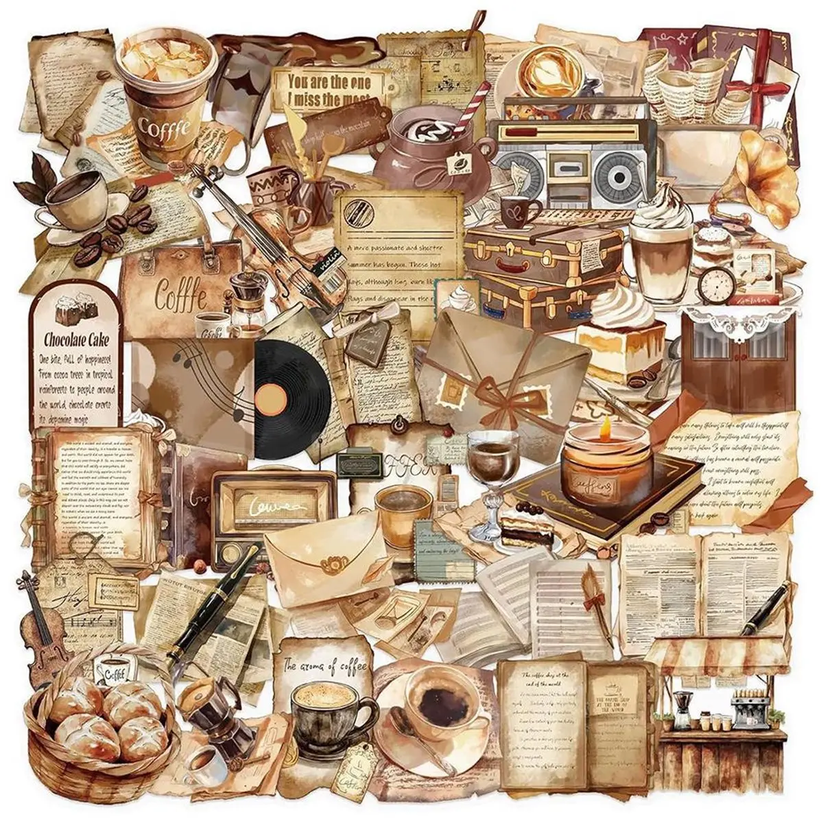 ABZT 50 PCS Retro Coffee Shop Stickers for Scrapbooking, Waterproof Transparent PET Aesthetic Decals