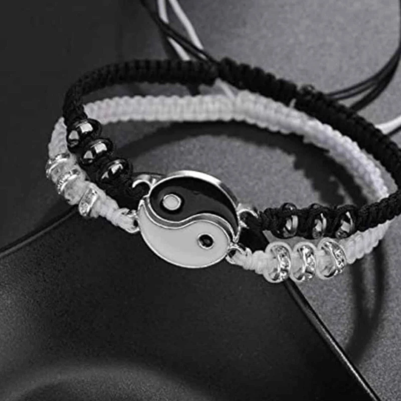 2 قطعة مجموعة مجوهرات زوجين أسود أبيض تاي تشي سوار حبل سلسلة قابل للتعديل مجموعة أسلوب بسيط ارتداء المجوهرات اليومية