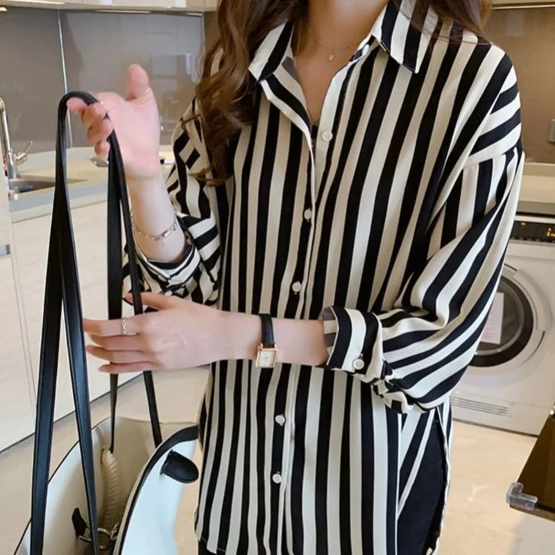 Spring Summer Korean Design Loose Striped Shirt Women\'s Thin Retro Long Sleeve Chiffon Blouse Button Cardigan Clothes Women