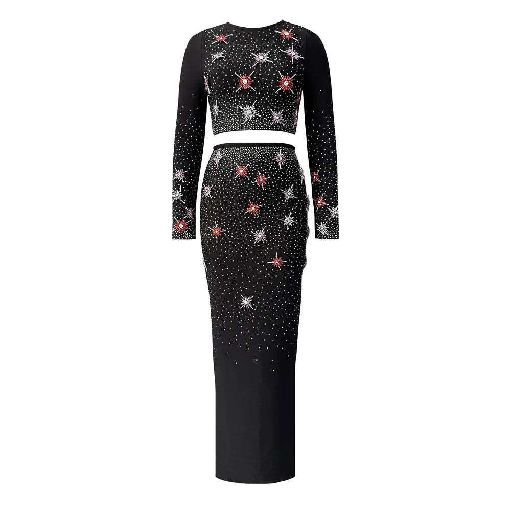 

Женский роскошный топ с длинными рукавами и бриллиантами, длинная юбка, комплект из двух предметов, бандажный комплект, женские комплекты для вечеринок знаменитостей