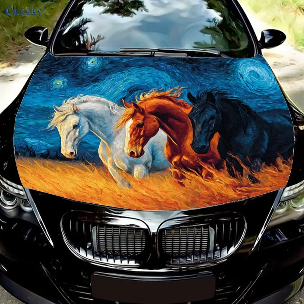 Vivid horse trio artwork on car hood, blending fiery orange and deep blue swirls for a dynamic, eye-catching design. Perfect for