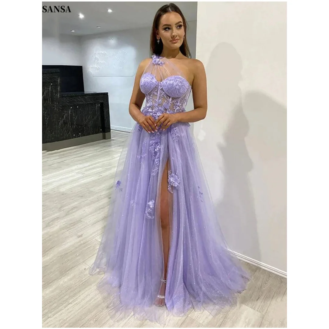 

Sansa Customized Lilac Formal Dress with Asymmetric Neckline Embroidery Glittery Tulle Skirt Floor-Length Silhouette Gala Attire