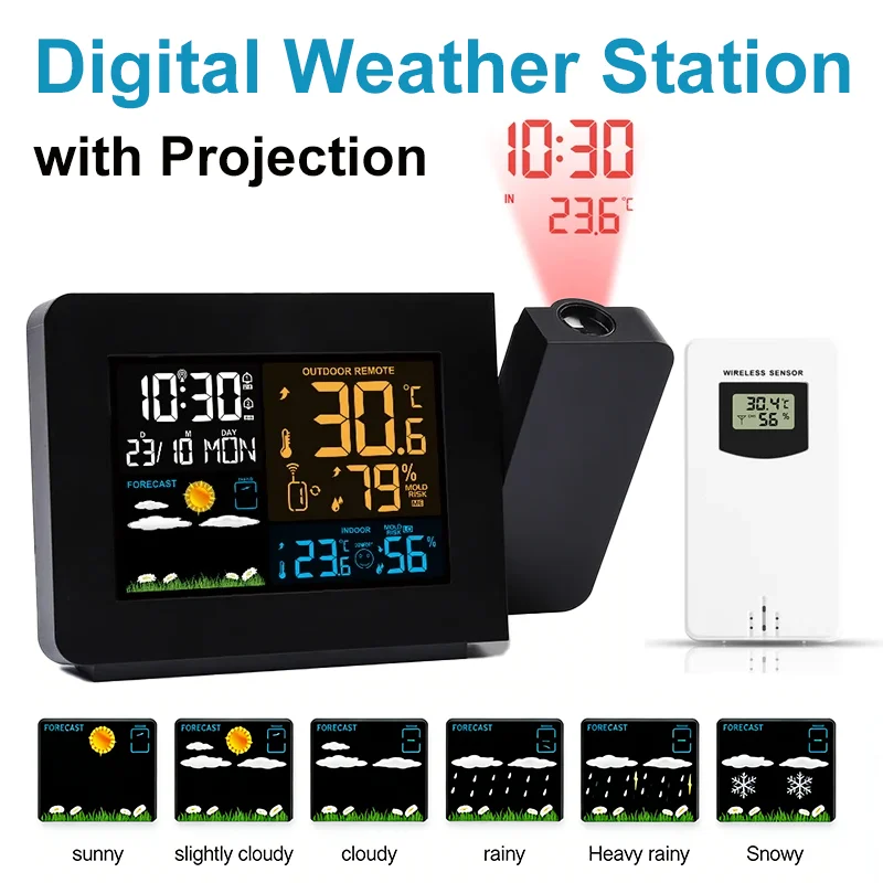 Digitale Wetterstation, kabelloser Sensor, Innen- und Außentemperatur- und Luftfeuchtigkeitsmesser, Wettervorhersage, Projektionswecker