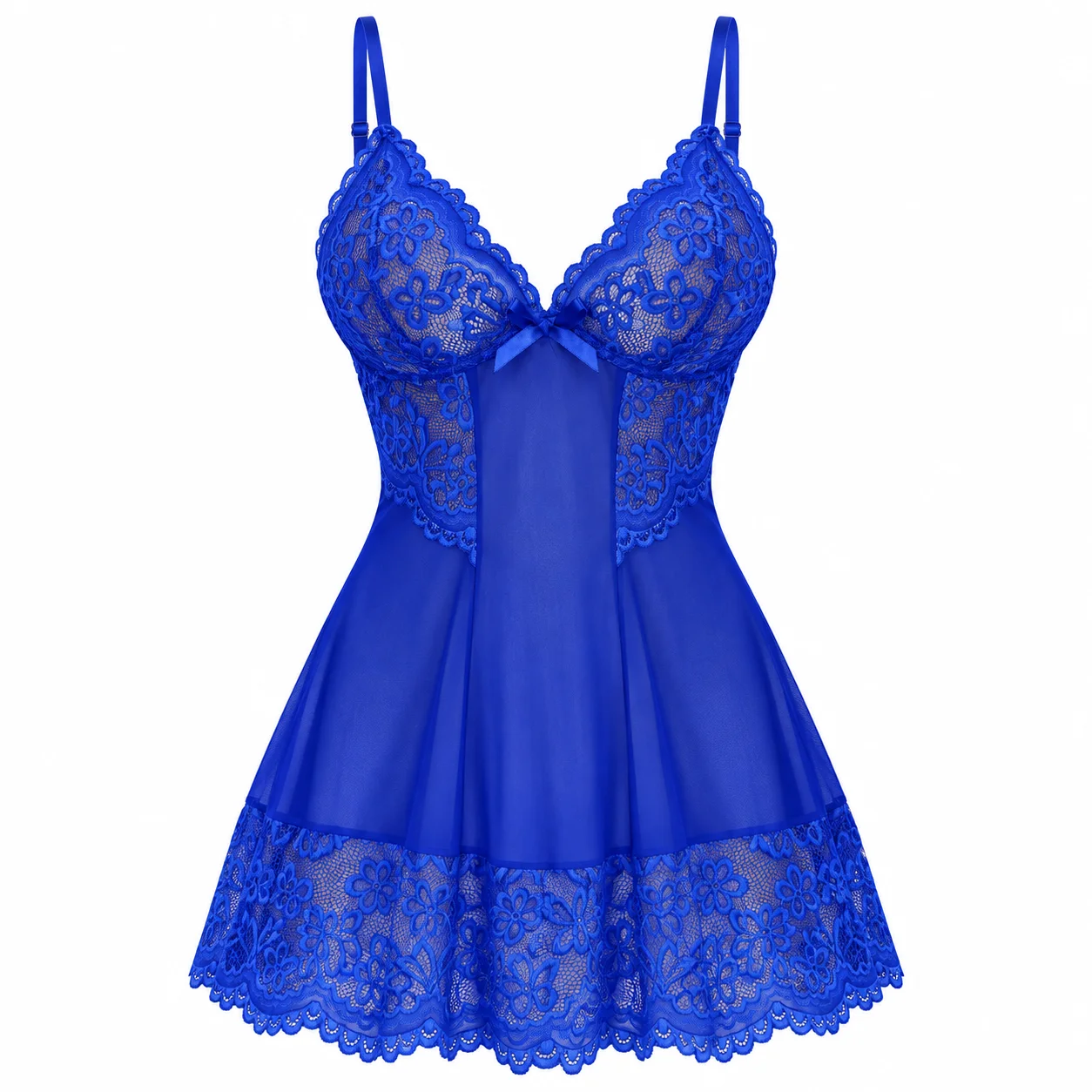 Women's Sheer Lace Camisole Nightdress, Sleeveless Mini Sleep Dress with Bow Detail, Knit Nylon Blend, Red Blue Black, S-XL