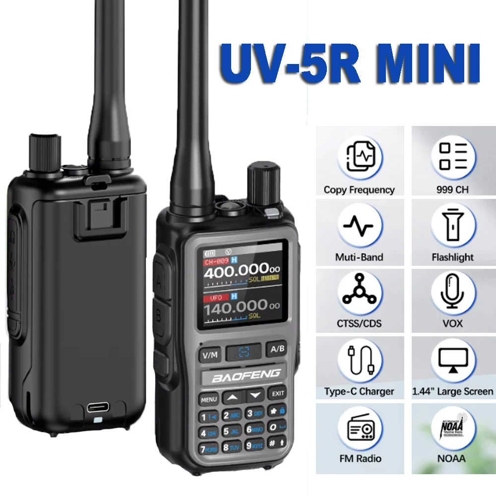 Baofeng UV 5R Mini Walkie Talkie Bluetooth Programming Frequency Dual PTT Band Type-C AM/FM Ham 2 Way Radio For Hiking Hunting