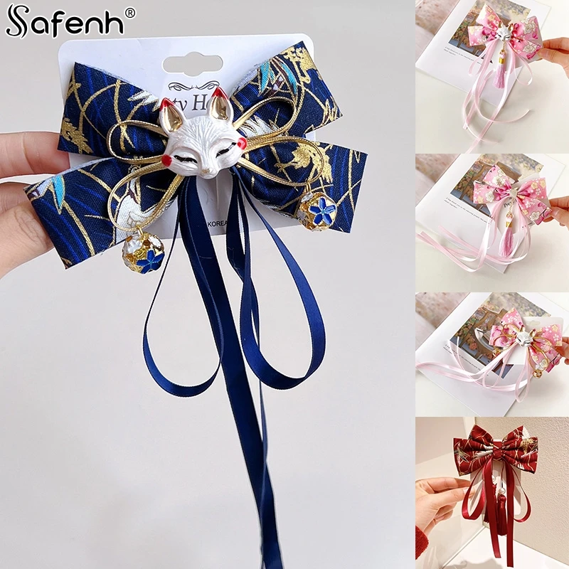 1PCS Exquisite Japanese Fox Bow Tassels Ribbon Hair Clip Headwear Girl Cartoon Hairpin Hanfu Cosplay Clothing Accessories