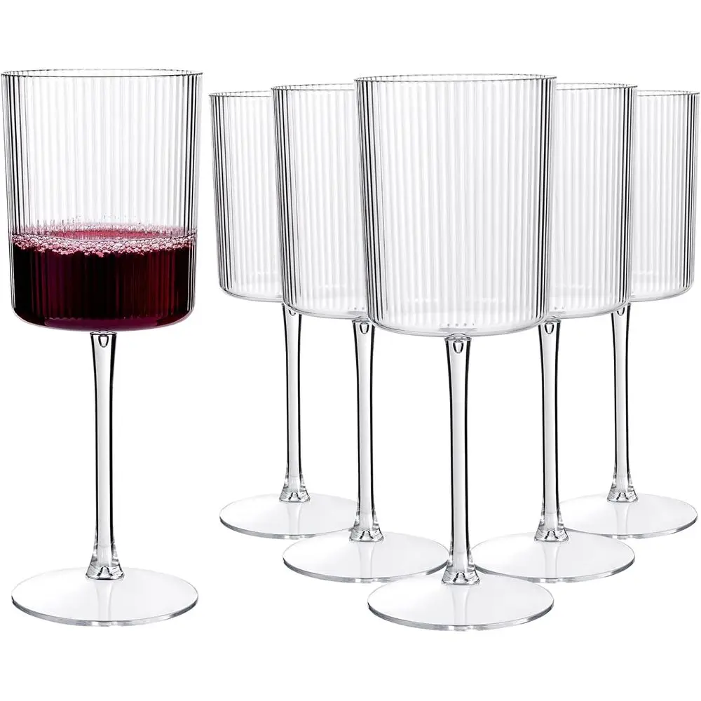 

24 Pack Plastic Ribbed Wine Glasses - 10 OZ Clear Square Stemmed Cups for Wedding Parties