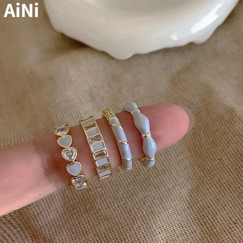 Modern Jewelry Grey Enamel Zircon Heart Metal Opening Rings For Women Female Retro Personality Temperament Finger Accessories