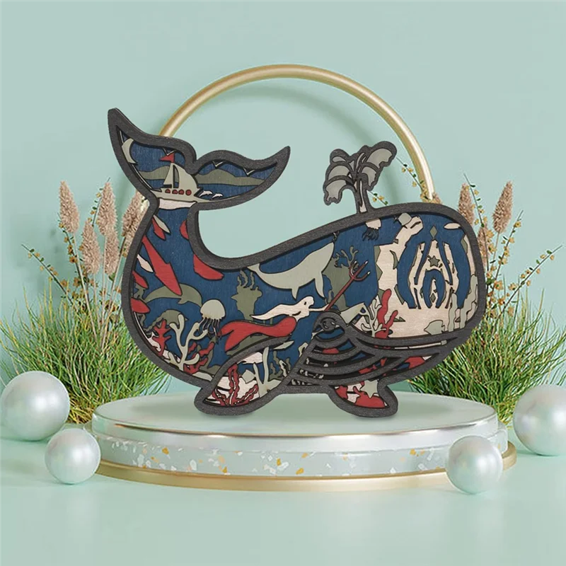 Animales de madera 3D tallados ballena arte decoración pared escultura estatuilla océano artesanía silueta ornamento arte-[Qahk]