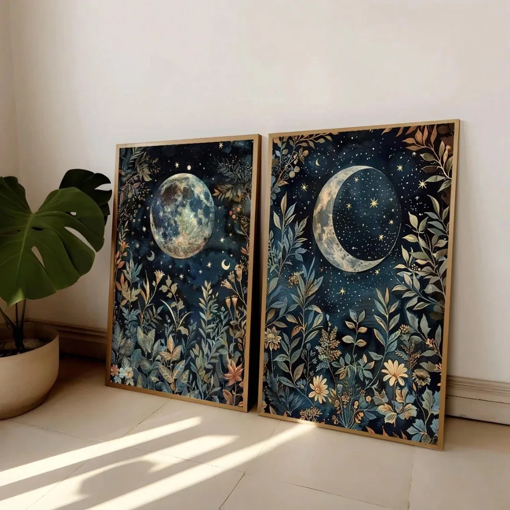 2pcs/set Boho Moon Botanical Canvas Prints Poster William Morris Celestial  Art Print Bedroom Home Decor Art Poster Ramadan Gift