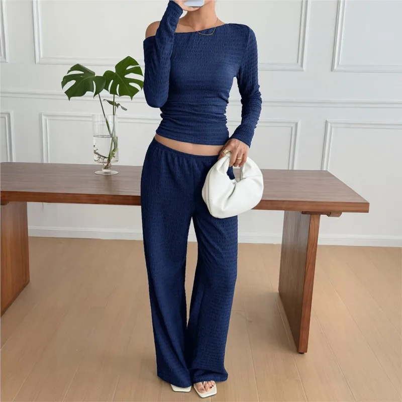 Casual Home Women's Two-piece Fashionable Solid Color Sloped Collar Long-sleeved Slim Top Paired With Loose Wide-leg Pants Suit