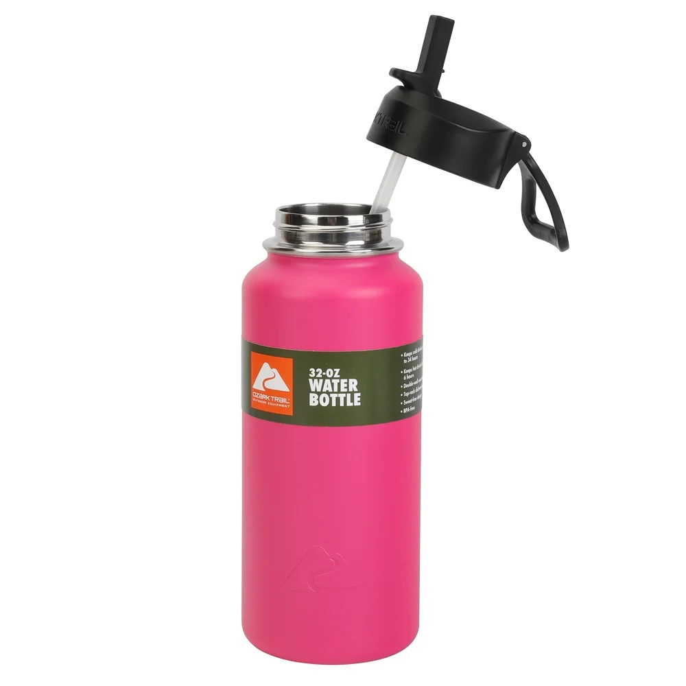 زجاجة مياه معزولة من الفولاذ المقاوم للصدأ سعة 32 أونصة، غطاء واسع للفم، مقبض حمل خالٍ من مادة BPA، وردي ساخن