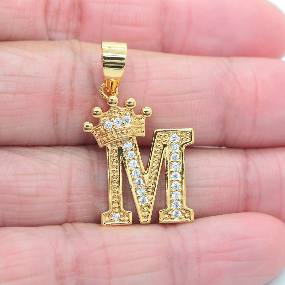High Quality Gold Color Clear Cubic Zirconia Fashion Alphabet Letters Small Crown Pendant Jewelry