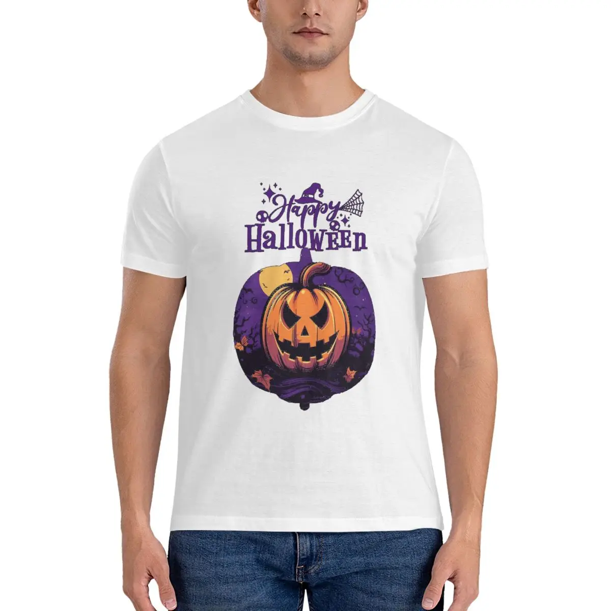 Men's T-Shirts Halloween Pumpkin Essential Pure Cotton Tee Shirt Short Sleeve T Shirts O Neck Clothes Original official-website