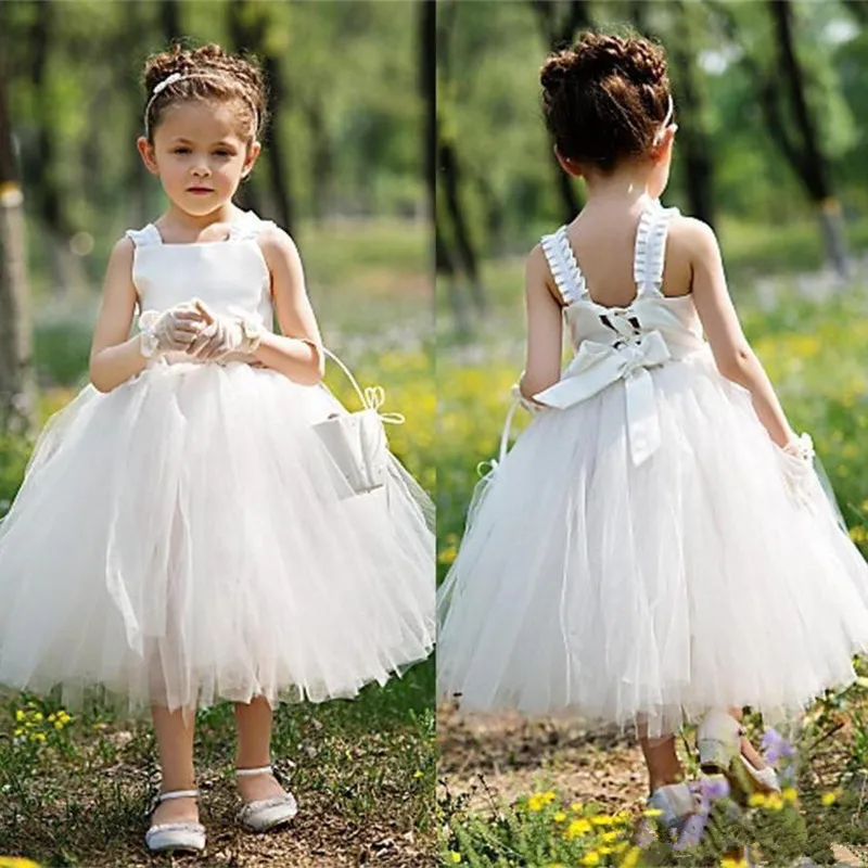 Puffy Tulle Flower Girls Dress Spaghetti First Communion Sleeveless Birthday Party  White Bows Princes Gowns Dream Birthday Gift