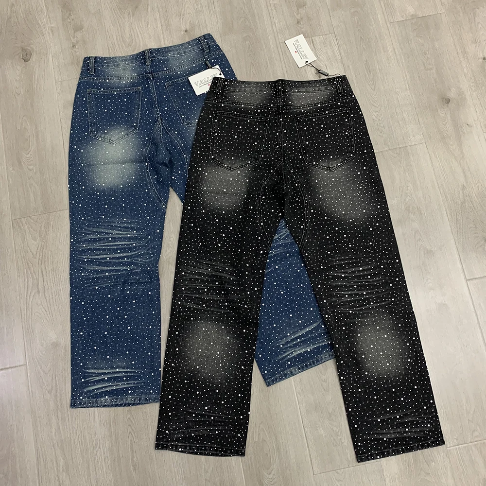 Vintage glanzende strass gewassen gat noodlijdende baggy jeans broek voor mannen rechte casual losse gescheurde denim broek