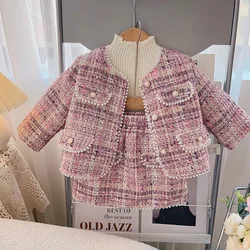 Winter Children Girl 2PCS Clothes Set Cotton Padded Thick Warm Baby Girl Coat Suit Elastic Waist Plaid Skirts Infant Girl Outfit