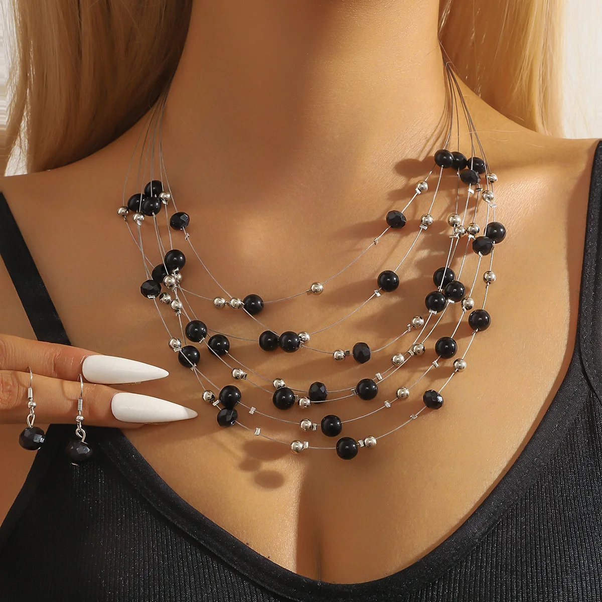 البوهيمي متعدد الطبقات قلادة طقم من الحلقان تقليد اللؤلؤ اليدوية مجموعات مجوهرات هدية للسيدات اكسسوارات ديكور يومي #3