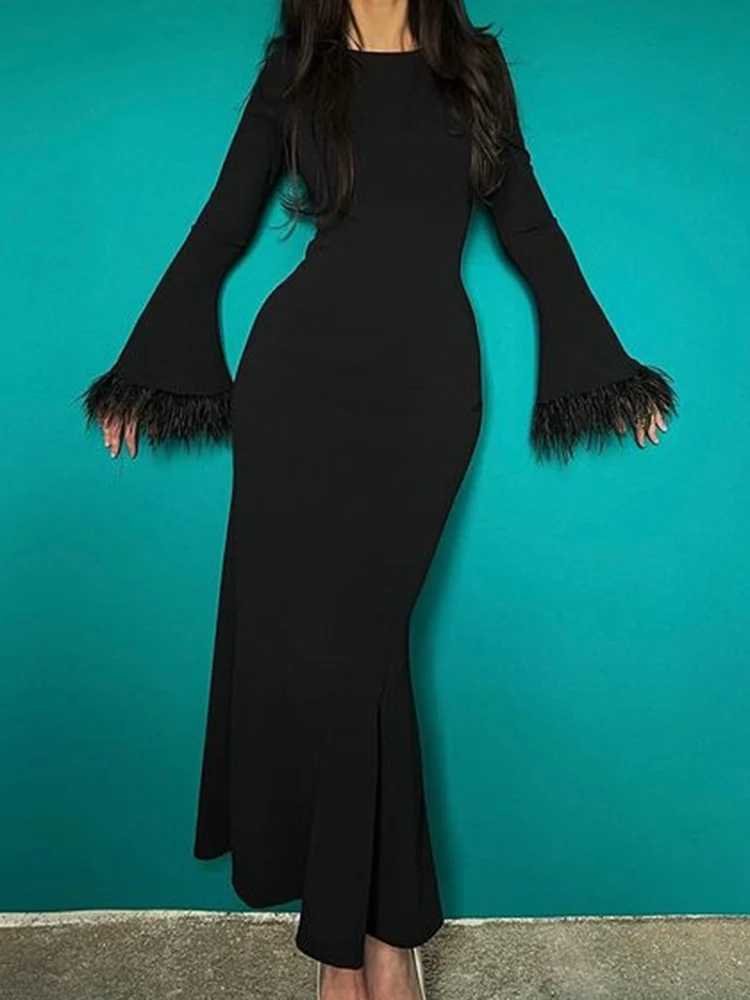 Fashion Feather Sleeve Dress Women Sexy Long Bodycon Dress Autumn Elegant Slim Wrap Dress Lady Black O-Neck Evening Party Dress