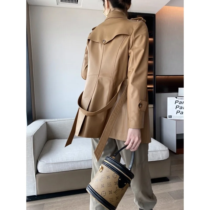 Giacca da donna in vera pelle, capispalla alla moda, vita media, cintura, trench in pelle di pecora, primavera e autunno