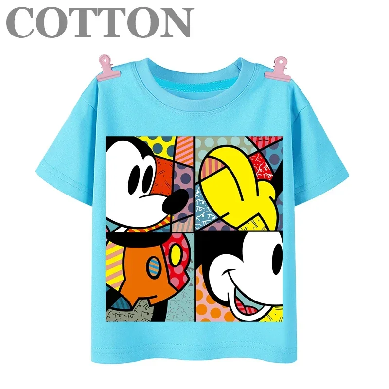 Mickey Mouse Four Palace Grid Fashion Cotton Summer Children's Cartoon T-shirt Round Neck Short Sleeve Disney Print Pattern