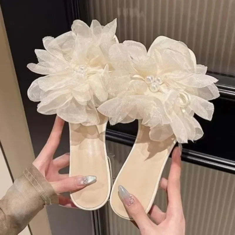 

Женская пляжная обувь во французском стиле, модные новые сетчатые тапочки на плоской подошве на толстом каблуке с цветочным принтом