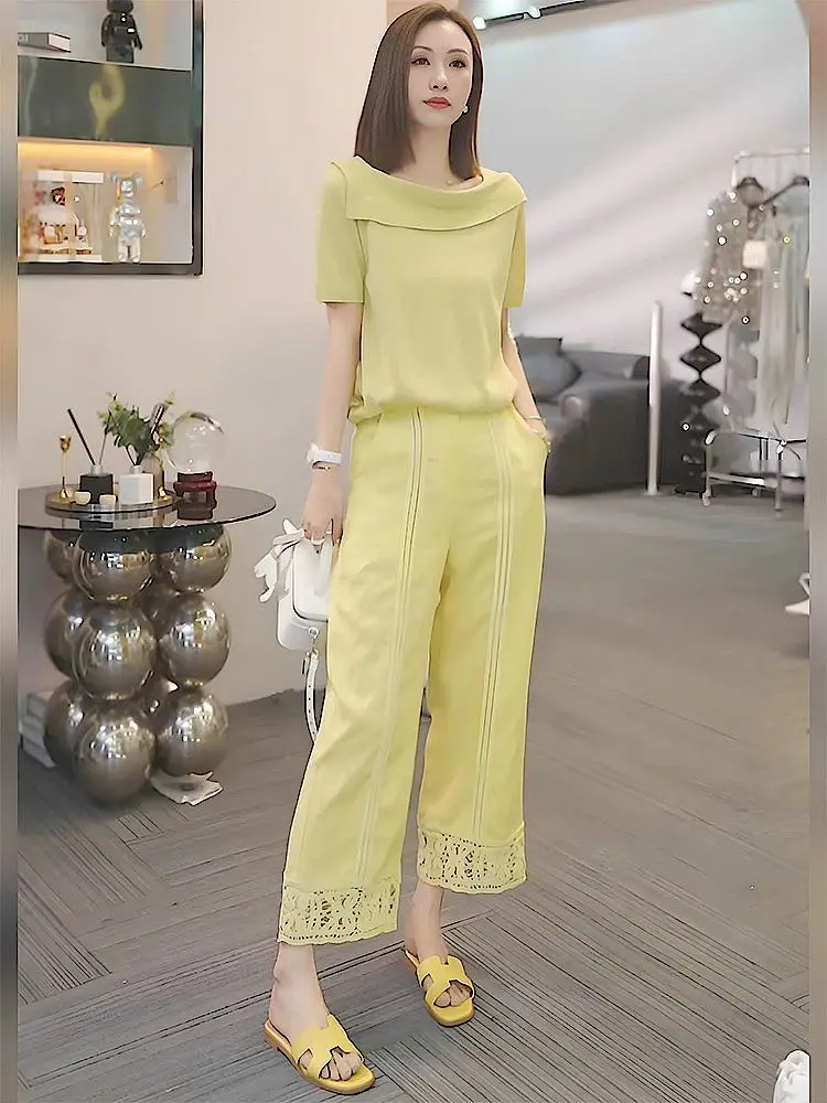

New Yellow Fashion Two Piece Set Women High End Lapel Short Sleeve Blouse Top + Hollow Out Wide Leg Pants Elegant OL Suit
