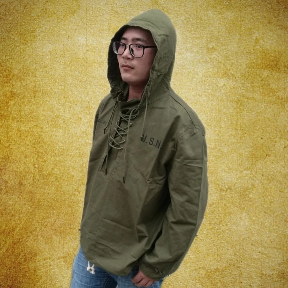 Men's Vintage Military Hooded Jacket Casual Pullover Anorak Long Sleeve Workwear Windbreaker Spring Autumn