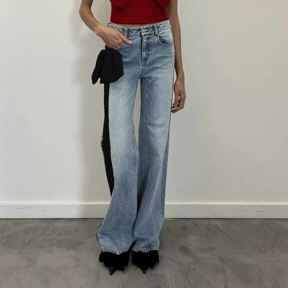 

Bow decorated splicing women's jeans temperament high street high waist straight pants 2025 spring new