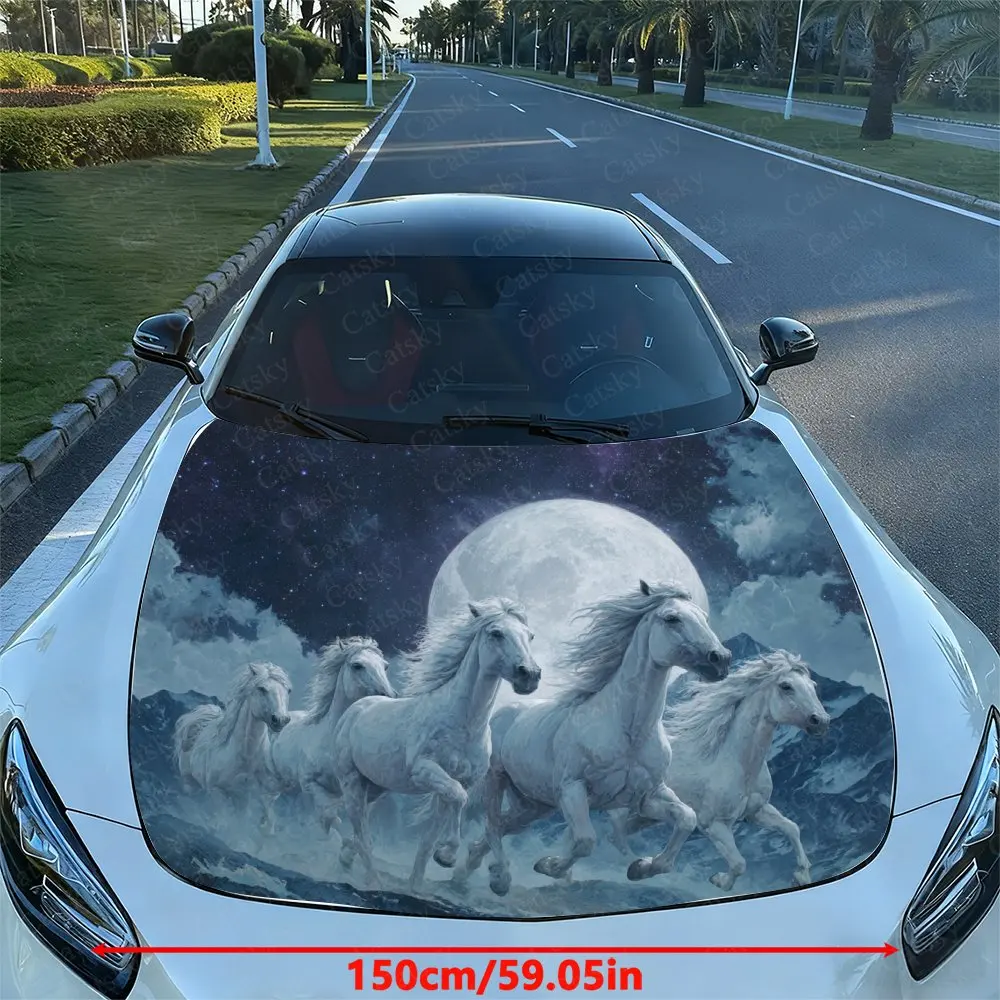 Moonlight White Horse Group Car Hood Wrap Colorful Vinyl Sticker For Trucks, Decorative Bonnet Graphics And Auto Accessories,Car