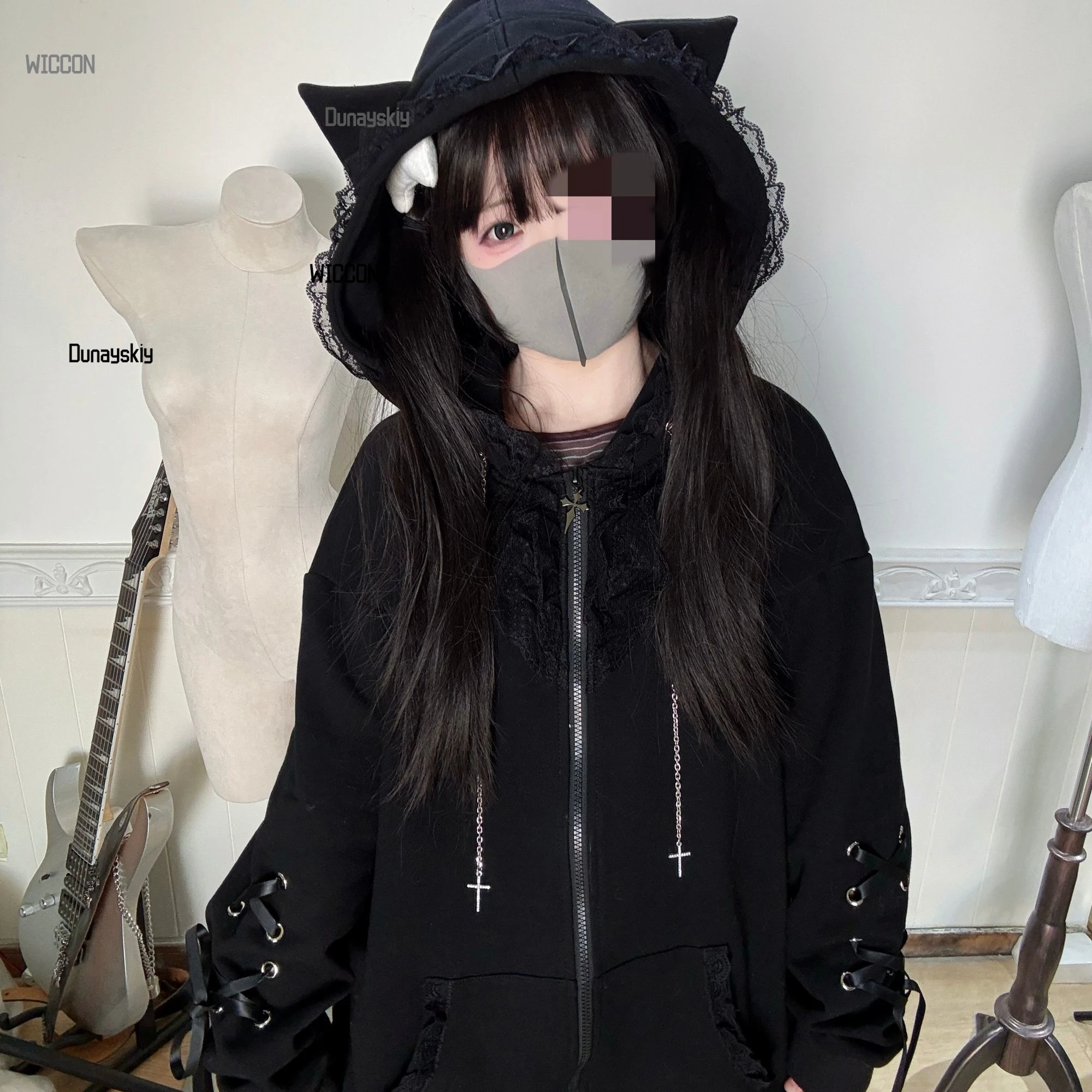 Jirai Kei Japanese Subcultural Lace Dark Cat Punk Coat Cosplay Costumes Women Girls Y2K Lace Ribbon Hooded Halloween Christmas - view 4