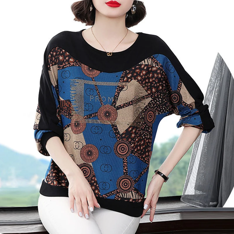 Women Fashion Print Patchwork Rhinestone Elegant Basic T-shirt 2024 Autumn Winter Casual O Neck Long Sleeve Loose Pullover Tops