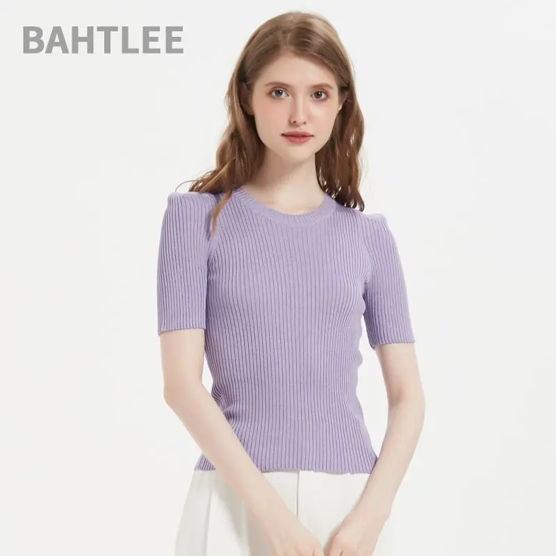 

BAHTLEE-Women's Lyocell Knitted Short Sleeve Pullover, O-Neck Sweaters, High Elastic