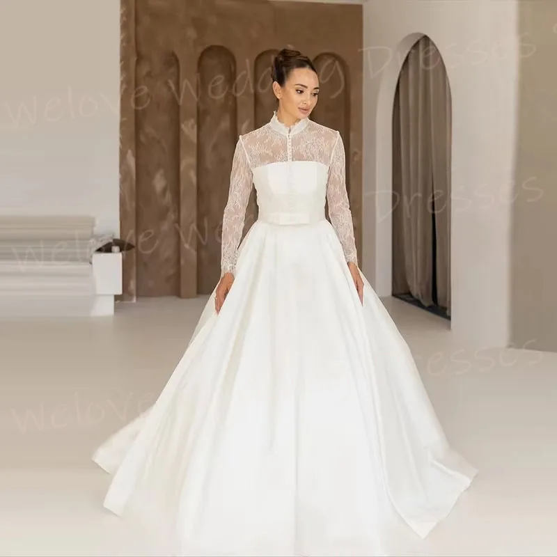 ชุดแต่งงานผู้หญิงทรงเอไลน์เรียบหรู คอสูง แต่งลูกไม้ แขนยาว แบบสั่งตัดได้ ชุดเจ้าสาว Vestido De Novia