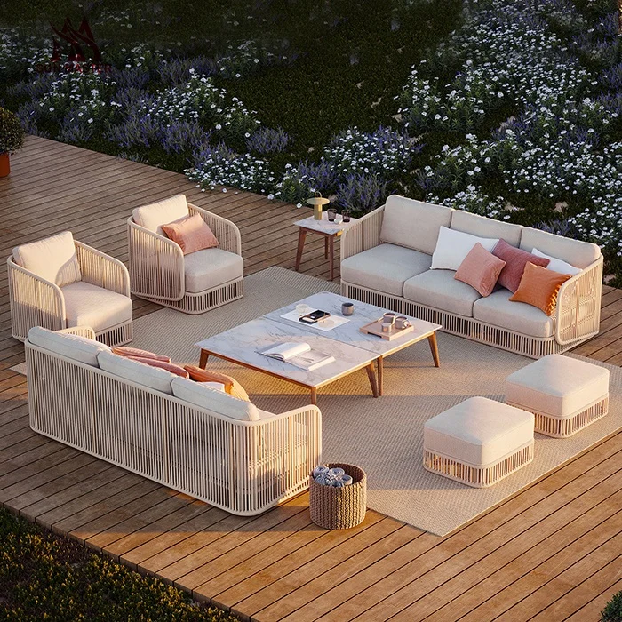 

Элитный комплект садовой мебели: алюминиевый диван с веревочным плетением для отелей, дворов и улицы