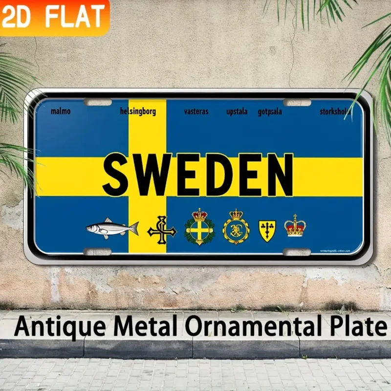 HD Aluminum Print, Vintage Sweden Flag Swedish Cities Emblems License Plate Style Wall Art, High Definition Bend-Resistant Metal