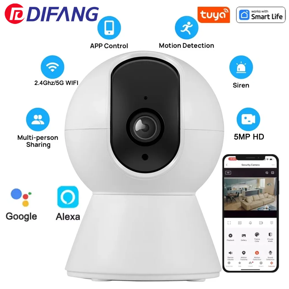 

5MP WIFI IP Camera Home Smart TUYA PTZ WIFI 2.4G HD Screen Body Automatic Tracking Indoor Alexa Security Video Surveillance CCTV