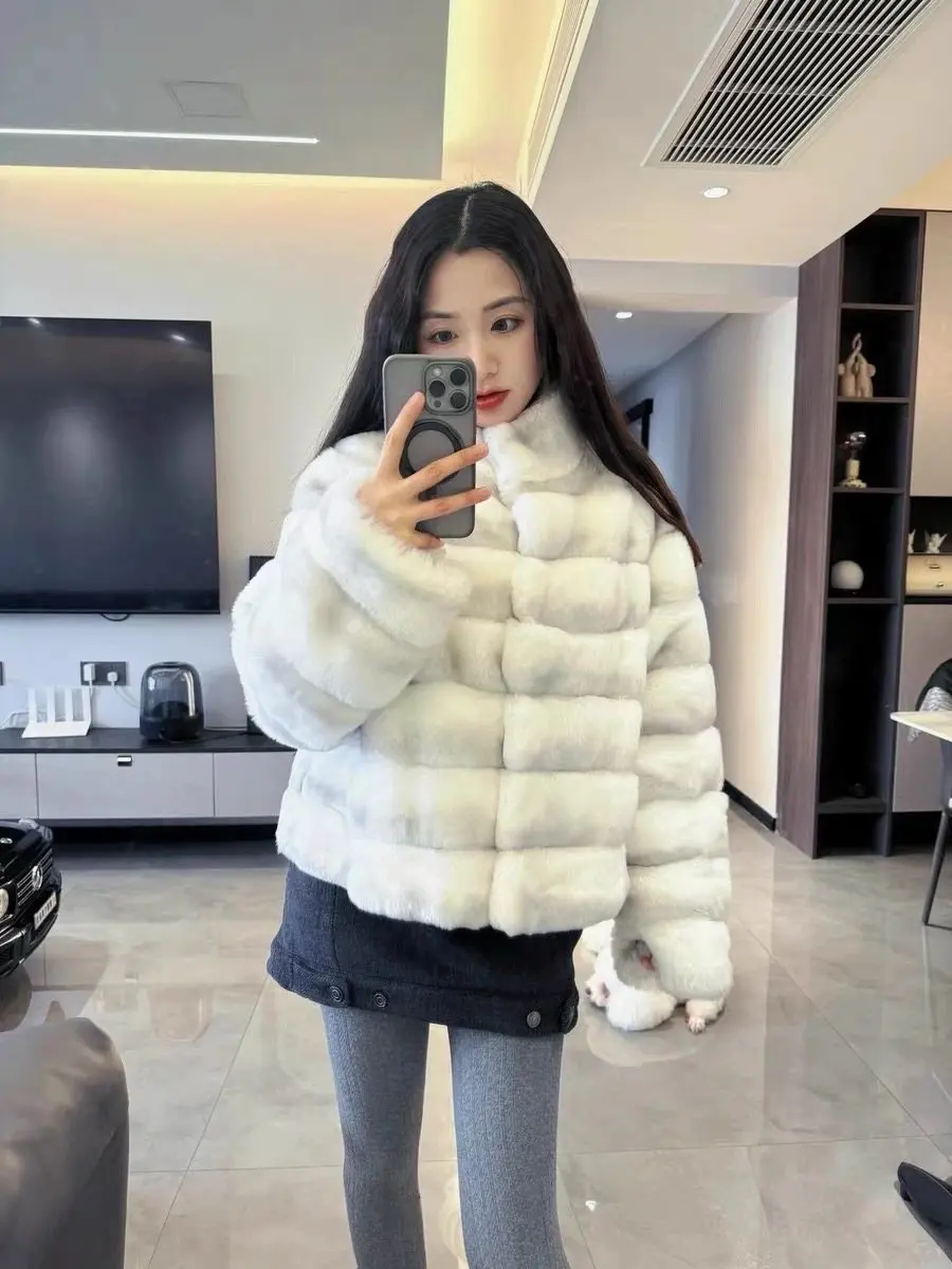 BFFUR Women's Coat Real Rex Rabbit Gradient Gray White Fur Coat Lapel Collar Women Luxury Winter Natural Rabbit Fur Coats