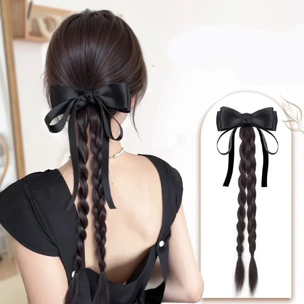 

Synthetic Ponytail Bow Ribbon Double Twist Long Braid Wig Duckbill Clip Female Sweet Fashion Simulation Hair Accessory
