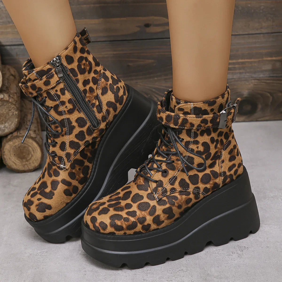 2024 Ladies Shoes Large Size Ankle Women\'s Boots High Heel Modern Boots Women Leopard Side Zip Front Lace-up Wedge Female Shoes