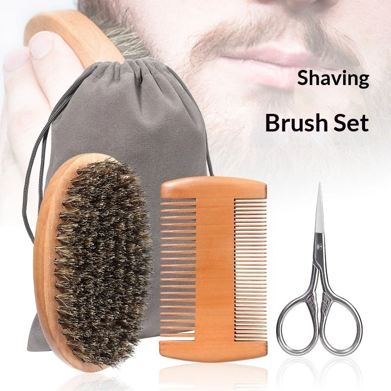 

1/2/3pcs Men's Shaving Brush Set Boar Bristle Portable Barber Natural Beard Brush Comb Scissors for Facial Cleaning Styling Tool