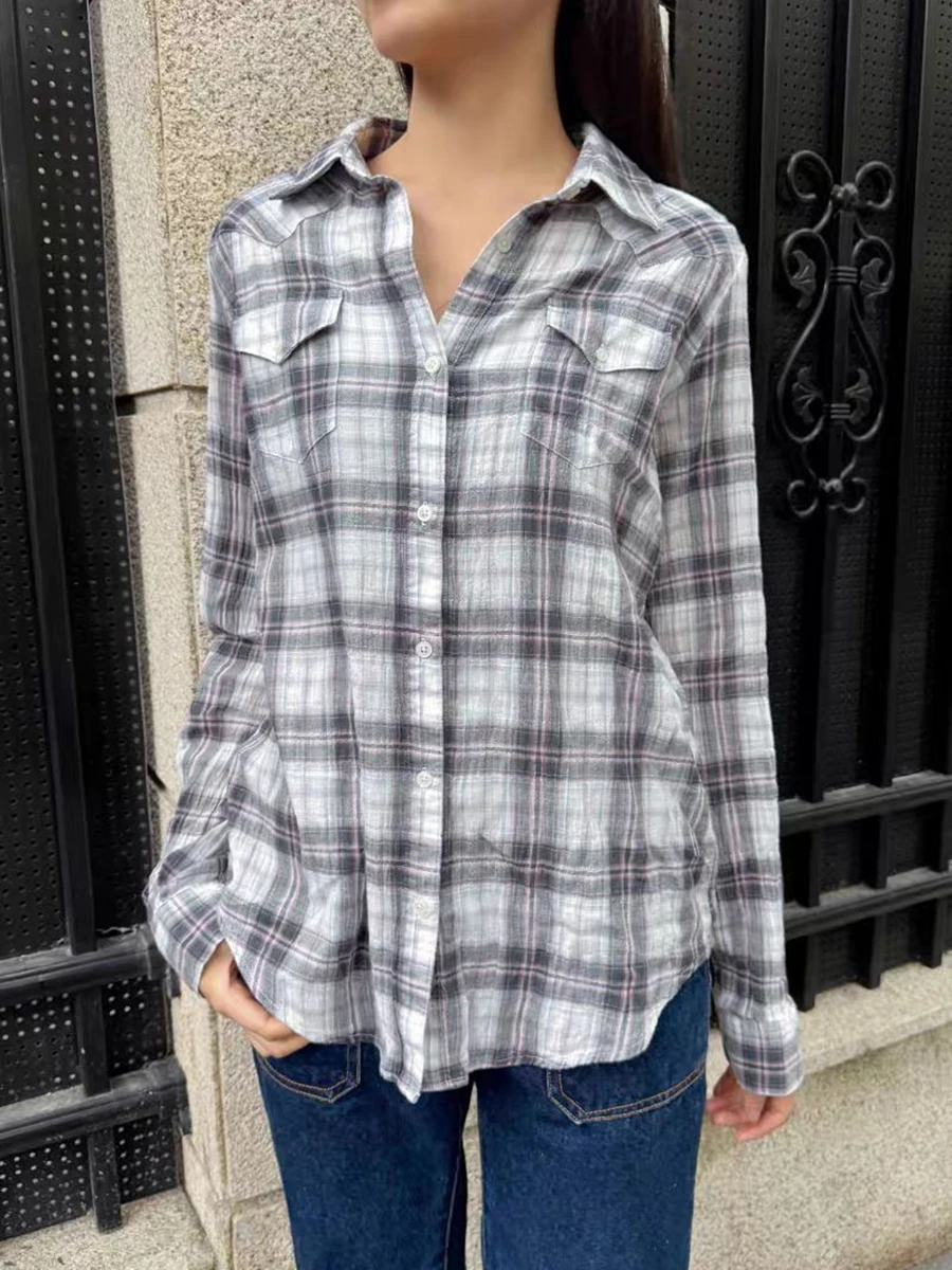 

Pockets Plaid Woman's Blouse Spring Turn Down Collar Single Breasted Loose Shirts Vintage Casual Preppy Style Cotton Blouses