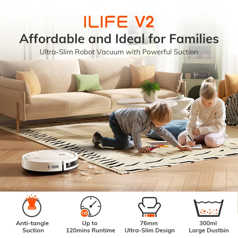 ﻿   مكنسة كهربائية روبوتية ILIFE V2، وقت تشغيل 120 دقيقة، مكنسة كهربائية روبوتية ذاتية الشحن، نحيفة وهادئة، مثالية لشعر الحيوانات الأليفة والأرضيات الصلبة