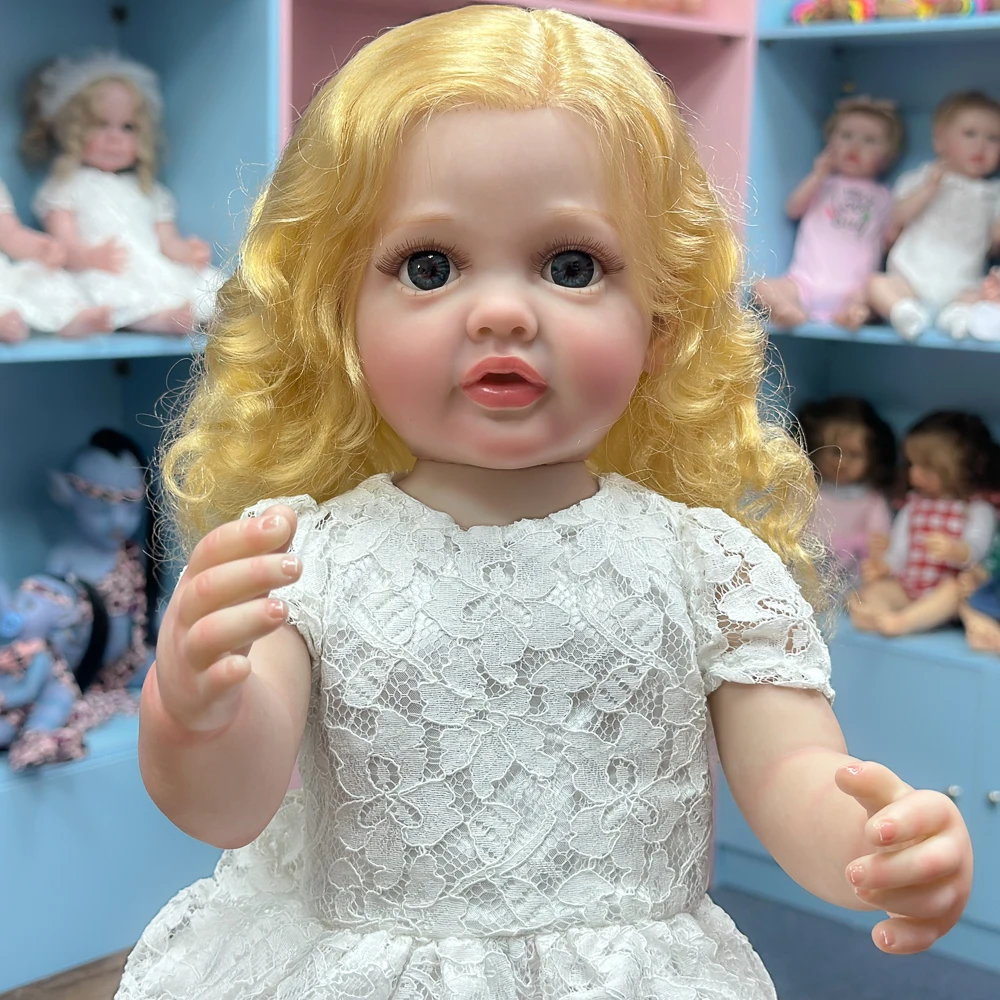 

22-дюймовая виниловая кукла реборн, коллекционное издание, светлые длинные вьющиеся волосы, белое платье принцессы, изысканные голубые глаза, коллекционеры