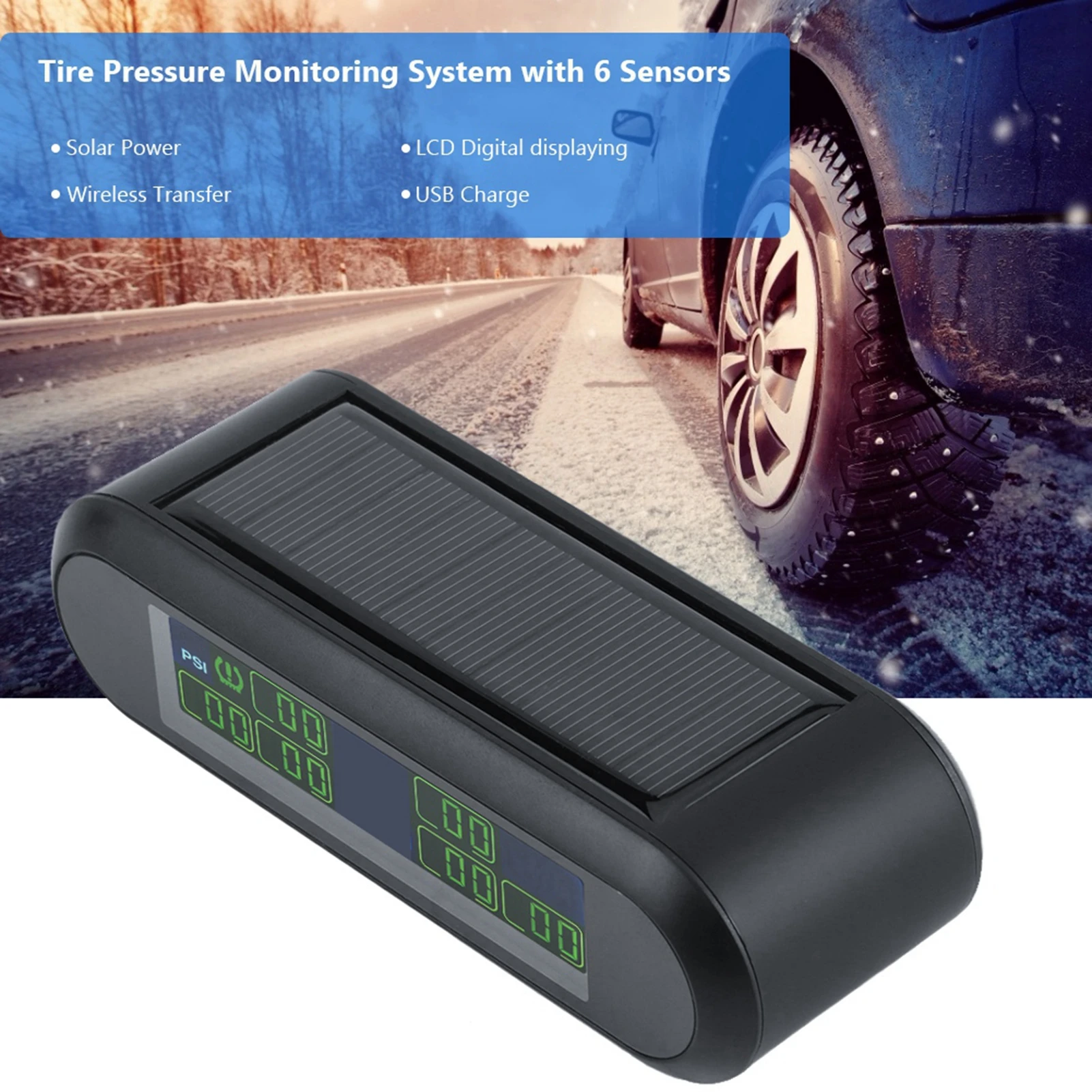Monitor Tekanan Ban Mobil Sistem Pemantauan Tekanan Ban TPMS Surya Nirkabel Alarm Monitor LCD dengan 6 Sensor Eksternal TMPS Mobil
