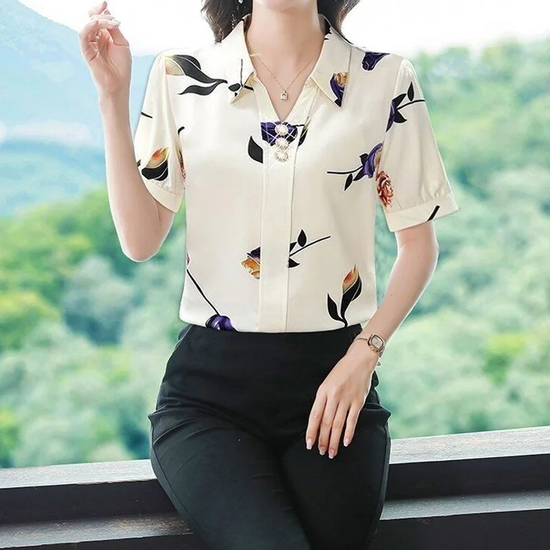 Odzież damska Polo Neck Printing Loose Blouse Summer New Short Sleeve Button All-match Temperament Shirt Tops Casual Vintage