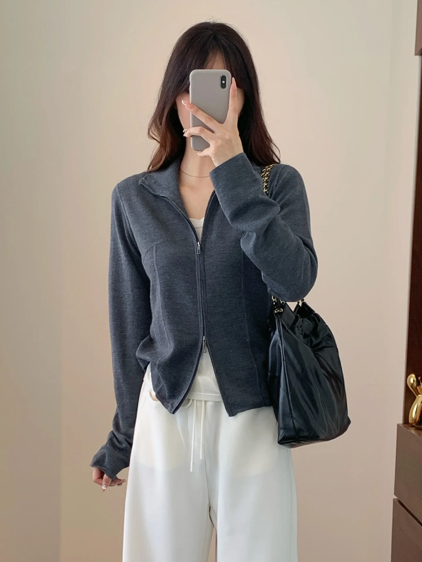 

Женский кардиган из мериносовой шерсти с эффектом похудения, на молнии, с воротником-стойкой, модный, с разрезами, повседневный, с длинными рукавами